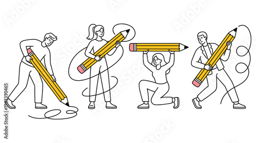 People writing with giant pencils, creative team drawing and designing new ideas