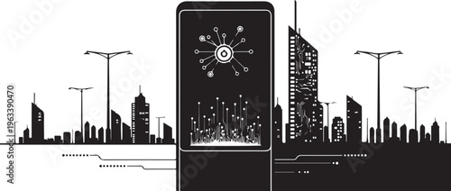 Cityscape, smartphone, black and white illustration, urban landscape, modern city