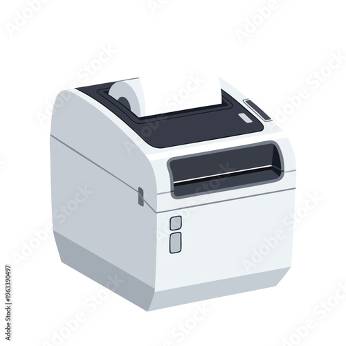 A minimalist, angled view of a white and gray thermal receipt printer with a paper roll