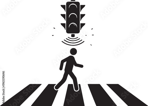 Black pedestrian crossing icon, traffic light signal, walking man silhouette, road safety vector