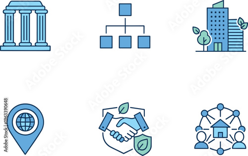 Governance and urban sustainability vector icon set featuring civic pillars organizational structures green development and global location markers.