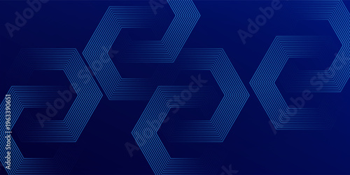 Abstract Blue Hexagonal Wireframe Network Background with Connected Concentric Lines for Technology, AI, Blockchain, and Corporate Concepts.