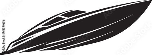 Sleek boat, speedboat, black vector, nautical icon, transportation symbol