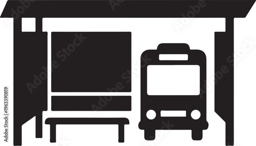 Black bus stop, vector icon, transportation sign, transit shelter