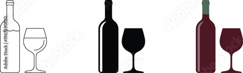 Professional wine bottle and goblet icon variations with liquid levels in black and color versions
