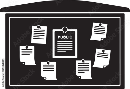 Public notice board, bulletin board, announcement vector, black and white icon