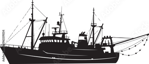 Fishing boat silhouette, black vessel, nautical icon, fishing ship