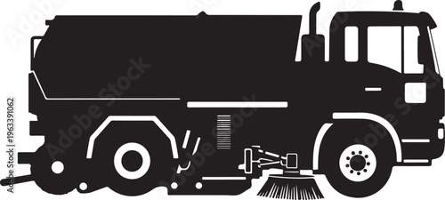 Street Sweeper Truck, Road Cleaning Vehicle, Urban Maintenance, Black Vector Icon