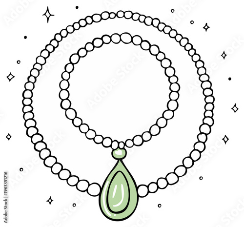 Elegant outline illustration of a gemstone pendant necklace with shimmering details.