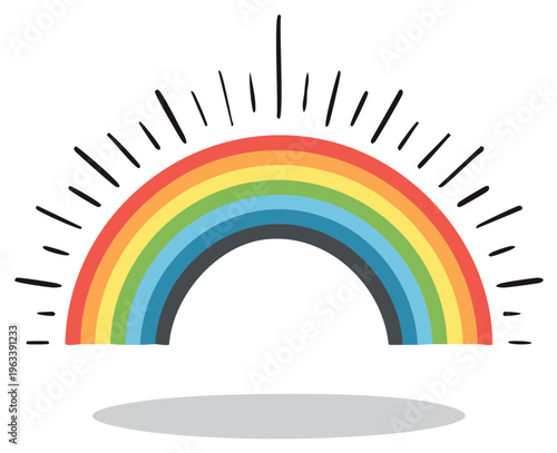 Vibrant hand-drawn style rainbow illustration with radiating lines representing hope and joy