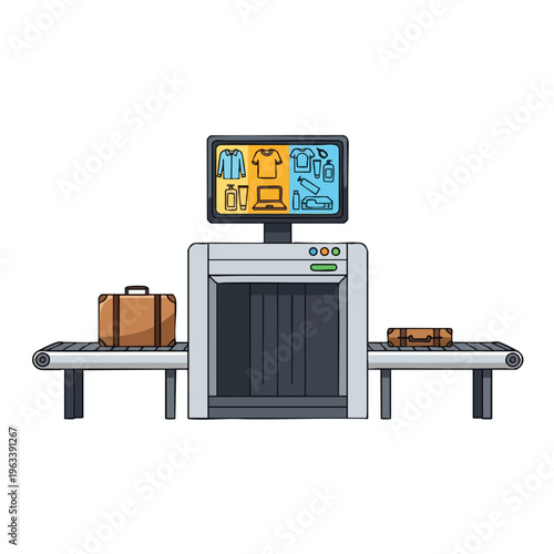 Luggage on conveyor belts passes through a scanner with a display showing detected items