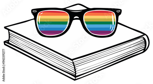 Rainbow colored glasses sitting atop a book representing pride