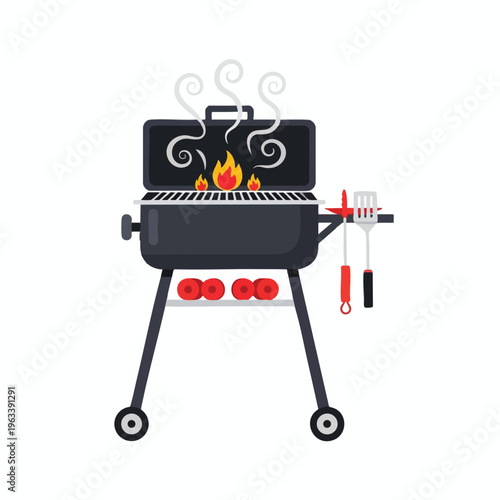 Black charcoal grill with lid open, flames, smoke, tongs, spatula, and red items on shelf