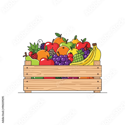 A bountiful wooden crate overflows with a colorful assortment of fresh fruits