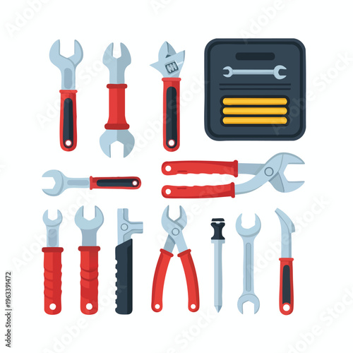 Assortment of tools including wrenches, pliers, and a tool organizer