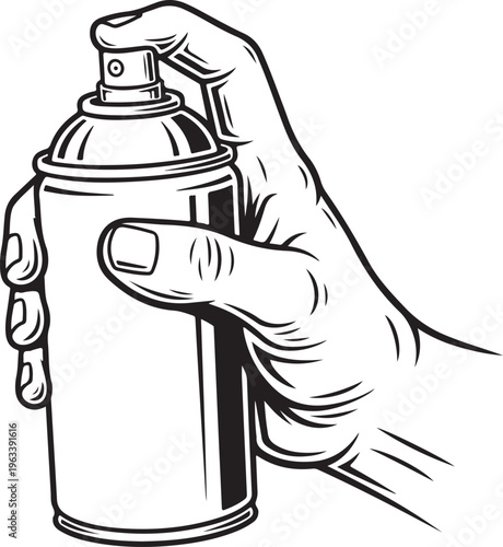 Hand Holding Spray Paint Can, Graffiti Aerosol Illustration in Black and White.