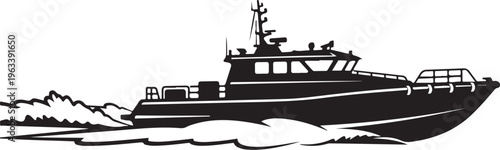 Black boat, speedboat, vector illustration, nautical icon, watercraft