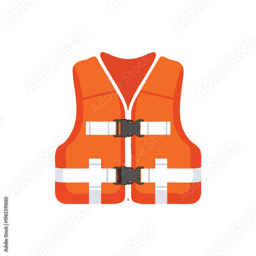 Bright orange safety vest with black buckles and white straps, isolated on white