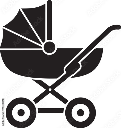 Baby Stroller Icon, Black Vector Stroller, Baby Buggy, Vector Illustration