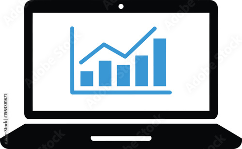 Vector graphic of laptop displaying a blue bar chart and line graph on screen