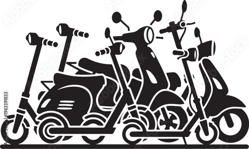 Scooter, motor scooter, motorbike, transportation icons, black and white, vector graphics, 3 scooters