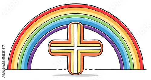 Rainbow Arcing Over a Cross with Colorful Stripes