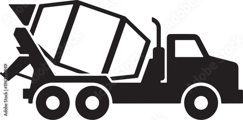 Black cement mixer truck, construction vehicle icon, industrial silhouette, transportation symbol