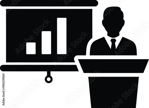 Vector graphic of businessman presenting bar chart data at a podium