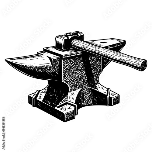 Heavy Metal Blacksmith Anvil and Hammer Tool Etching Style Illustration for Traditional Craftsmanship Industrial Workshop Branding Metalwork Hardware Store and Manufacturing Business Marketing