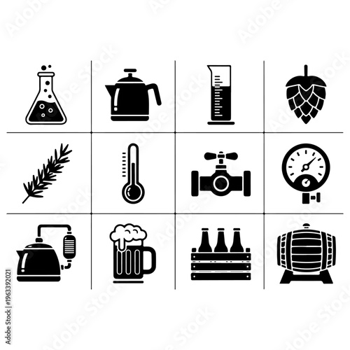 Brewery and Laboratory Equipment Solid Icon Set Featuring Beer Barrel Mug Fermentation Tools Flask and Thermometer for Craft Brewing Industry Alcohol Production and Beverage Manufacturing Design