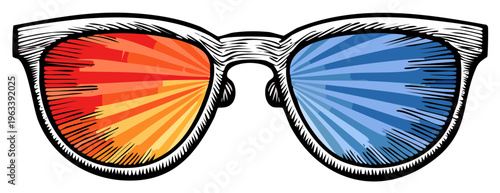 Retro sunglasses with red and blue color gradient lenses, retro vintage illustration