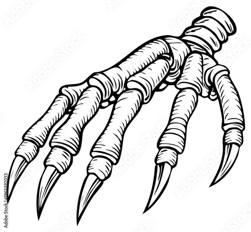 Detailed drawing of a raptor claw, featuring sharp talons and textured design