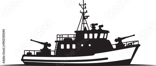 Fishing boat, tugboat, vessel silhouette, nautical icon, black and white