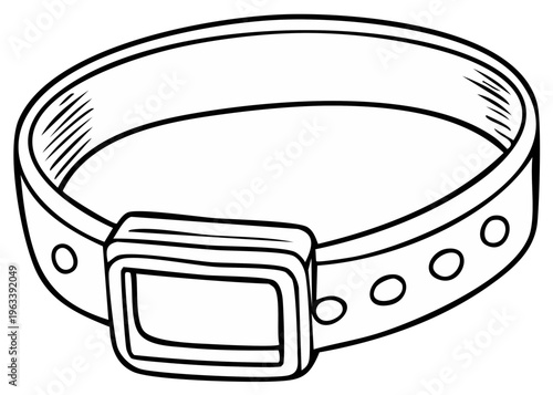 Cartoon line art illustration of a pet collar with buckle and holes isolated