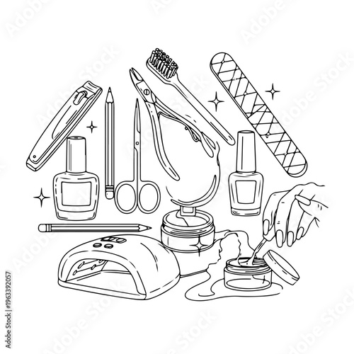 Professional Manicure and Pedicure Tools Accessories Kit Line Art Illustration for Nail Salon Branding Beauty Spa Services Cosmetic Product Marketing Hand Care Treatments and Wellness Studio Design