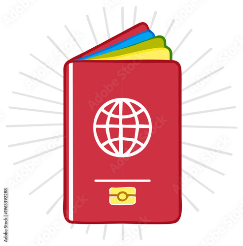 Red passport with globe symbol and colorful pages open for travel adventure