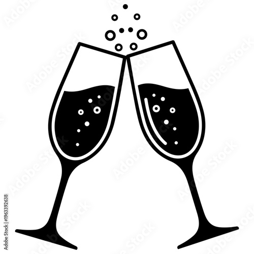 Two champagne glasses clinking together with bubbles isolated on transparent background, Vector