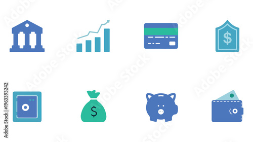 Flat Vector Business and Finance Icon Set for Banking, Money Saving, and Financial Growth Analytics