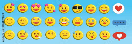 A collection of 3D vector illustrations of happy and sad emojis in a flat design style. Stickers, love, bubble text, icons, facial expressions, symbols, social media.