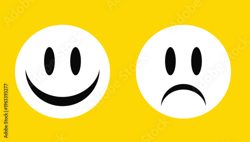 Black and white vector illustrations of happy and sad emojis in a flat design style. Stickers, love, speech bubbles, icons, facial expressions, symbols, social media.