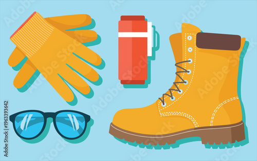 Workwear Essentials Yellow Boot Gloves Thermos and Safety Glasses on Blue Background