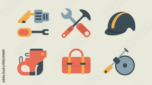 A collection of construction tools and safety equipment flat vector illustrations