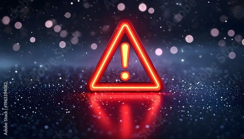 A neon warning sign glows brightly on a wet road at night surrounded by bokeh lights.