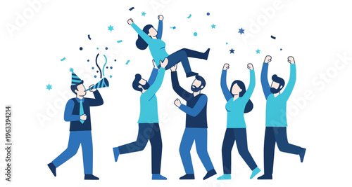 People Celebrating Success Lifting Colleague High Party Confetti Horn Flat Design