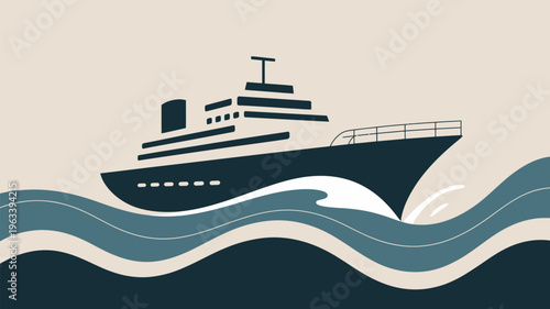 A stylized illustration of a dark blue ship sailing on blue waves