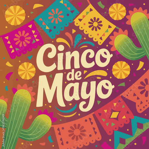 Colorful cinco de mayo celebration with festive banners cacti and vibrant floral designs