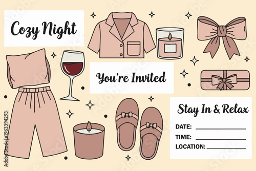 Pajama Party Chic Girls Night Sleepover Invitation Template Set, Illustration Cartoon Collection