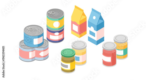 Assortment of Canned Goods and Jars on White Background.