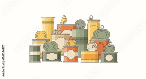 Assortment of Canned Goods and Food Items Stacked Together.
