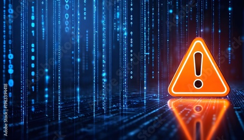 Warning sign appears in futuristic digital environment with code and lights